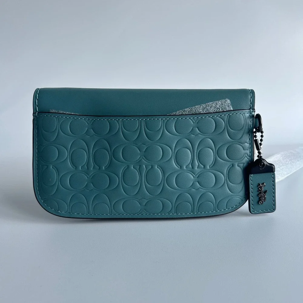 Coach Signature Leather Clutch Dark Turquoise Blue Wristlet NEW